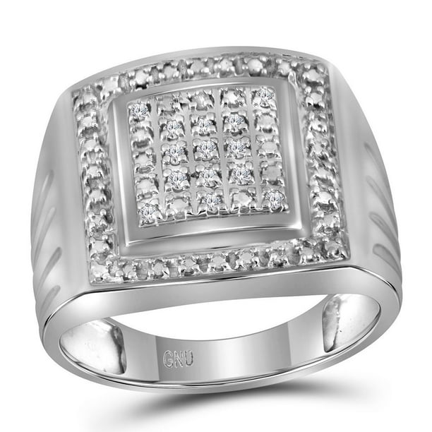 Sterling Silver Mens Round Diamond Square Frame Cluster Ring 1/10 Cttw 